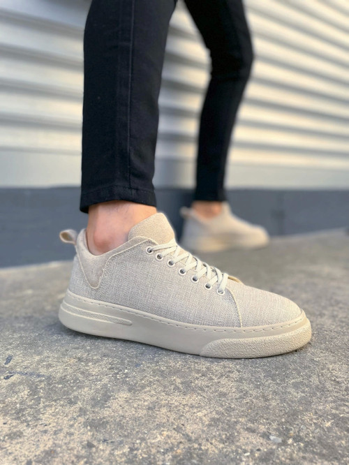JY204 Flex Bağcıklı Keten Kumaş Erkek Günlük Sneaker Ayakkabı KKT - Krem