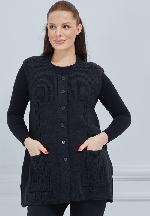 Kadın Yuvarlak Yaka Triko Cepli Düğmeli Kışlık Yün Yelek