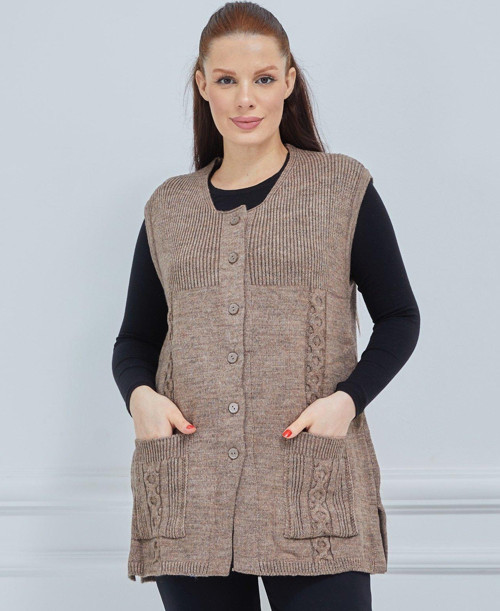 Kadın Yuvarlak Yaka Triko Cepli Düğmeli Kışlık Yün Yelek