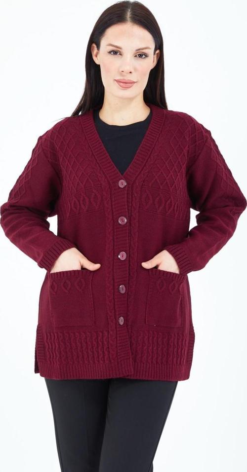 Kadın V Yaka Bordo Düğmeli Cepli Örgü Yün Anne Triko Kısa Hırka