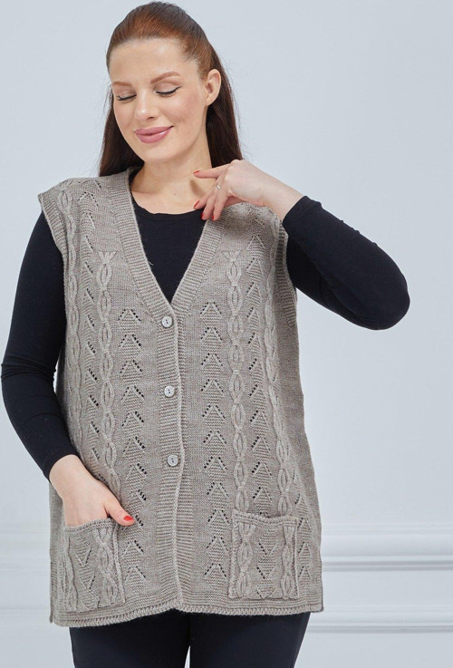 Kadın V Yaka Zincir Örgü Cepli Yün Anne Triko Yelek