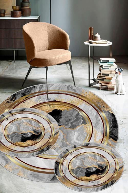Gri-Gold  Kaymaz Taban 3lü Takım Banyo Paspası  B1125
