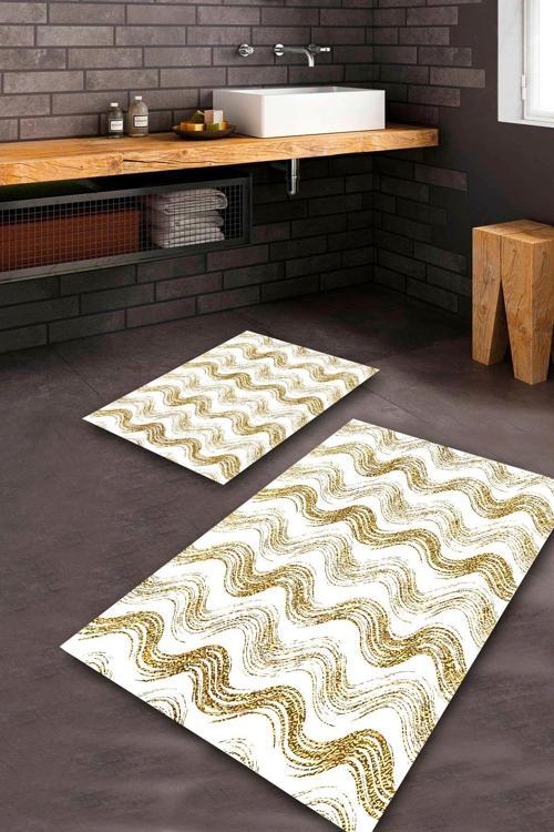  Krem-Gold  Kaymaz Taban Tasarım Banyo Paspas Takımı BPS-4463