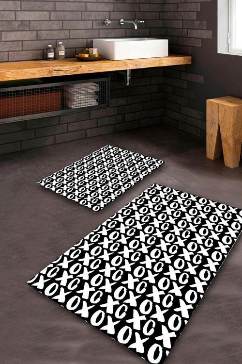  Siyah-Beyaz  Kaymaz Taban Tasarım Banyo Paspas Takımı  BPS-8401