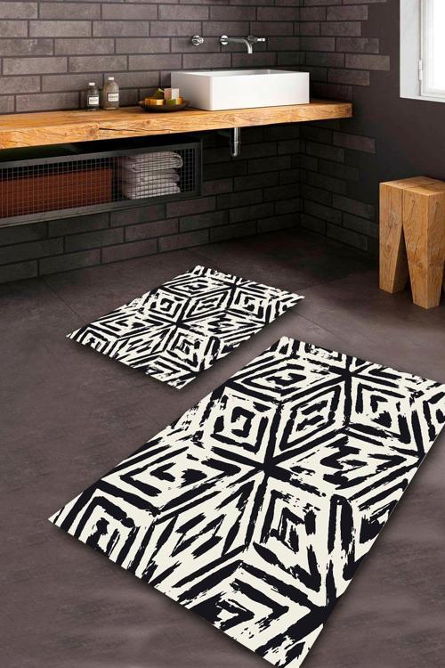  Beyaz  Kaymaz Taban Tasarım Banyo Paspas Takımı  BPS-7115
