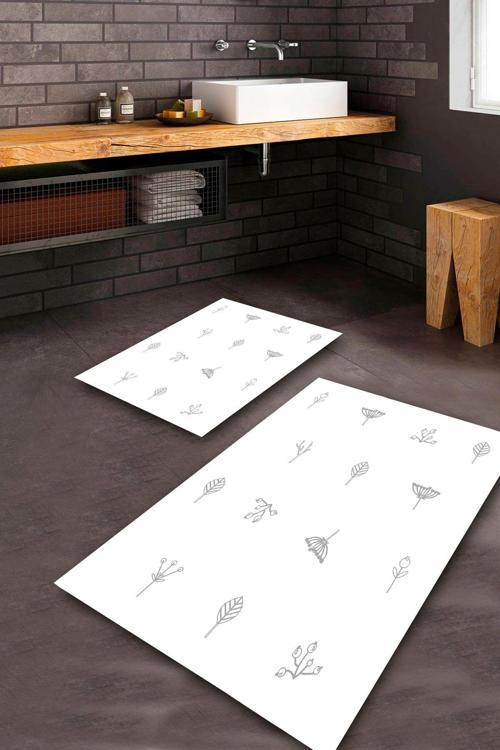  Beyaz  Kaymaz Taban Tasarım Banyo Paspas Takımı  BPS-5691