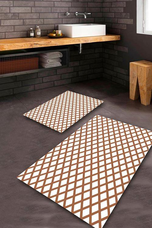  Kahverengi  Kaymaz Taban Tasarım Banyo Paspas Takımı  BPS-5226