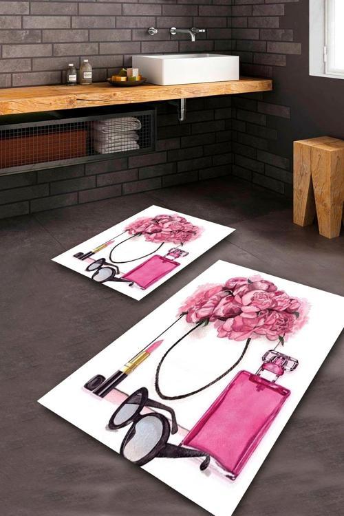  Beyaz-Pembe  Kaymaz Taban Kozmetik Banyo Paspas Takımı  BPS-1838