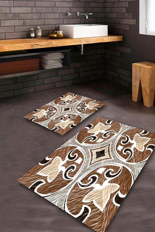  Kahverengi  Kaymaz Taban Etnik Banyo Paspas Takımı  BPS-7903