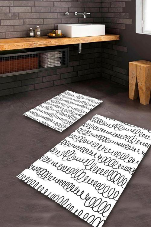  Beyaz-Siyah  Kaymaz Taban Tasarım Banyo Paspas Takımı  BPS-4712