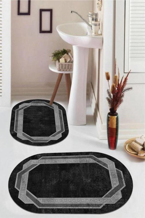Siyah  Kaymaz Taban Çerçeve Oval Banyo Paspas Takım  BB-129