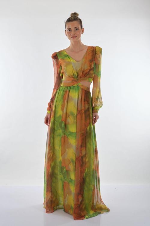 V Yaka Uzun Kol Maxi Şifon Elbise - Bohemian Stil