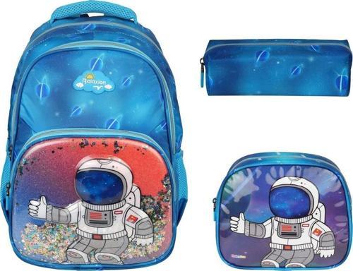 Astronot Kabartmalı  3'lü Ilkokul Çantası Beslenme Kalemlik 