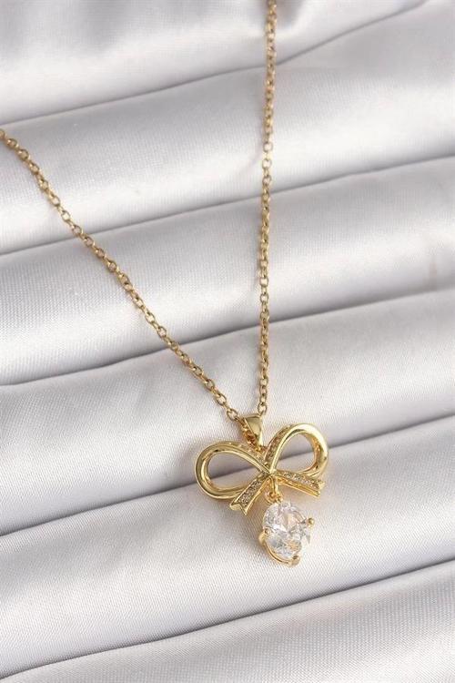 316L Çelik Gold Renk Zincir Zirkon Taşlı Kurdele Model Kadın Kolye
