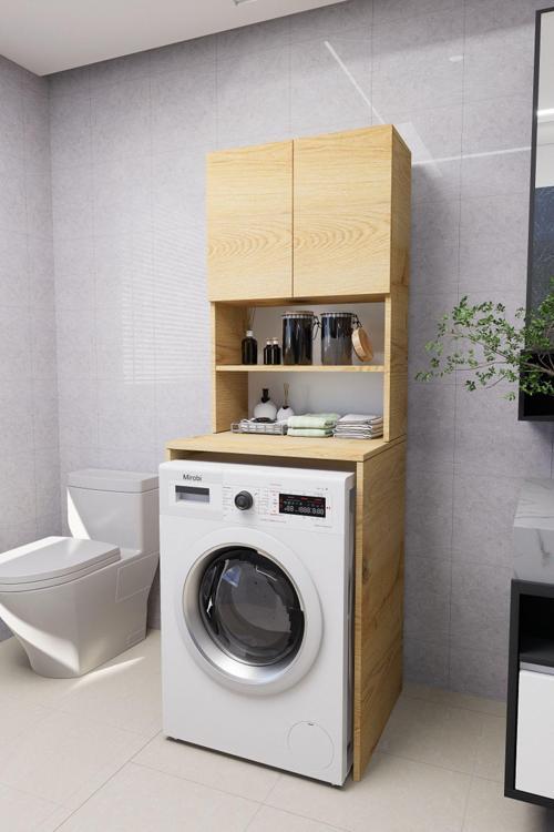 Verani Çamaşır Makinesi Dolabı Banyo Kiler Çift Kapaklı Arkalıklı Dolap Çam 180X65X30