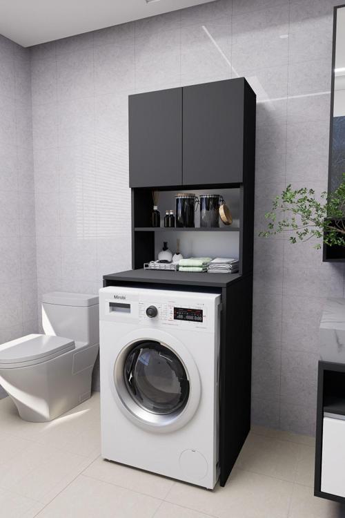 Verani Çamaşır Makinesi Dolabı Banyo Kiler Çift Kapaklı Arkalıklı Dolap Antrasit 180X65X30