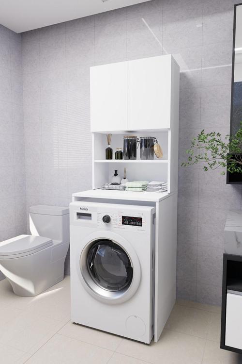 Verani Çamaşır Makinesi Dolabı Banyo Kiler Çift Kapaklı Arkalıklı Dolap Beyaz 180X65X30