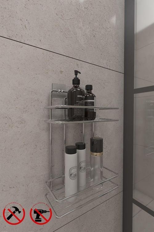 Ömür Boyu Paslanmaz Yapışkanlı Krom 2 Katlı Düz Banyo Şampuanlık Delmeye Son, Matkap Vida Yok