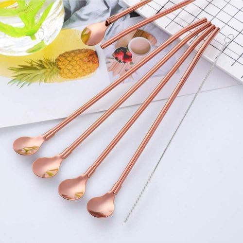 Pipetli Latte Kaşığı 6 Adet Bronz Renk Kokteyl Kaşığı Ve Temizleme Fırçası, 22 Cm