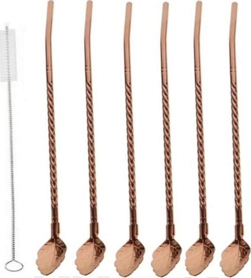Pipetli Latte Kaşığı 6'lı Bronz Renk Kokteyl Kaşığı Ve Temizleme Fırçası, 22 Cm Yaprak Model