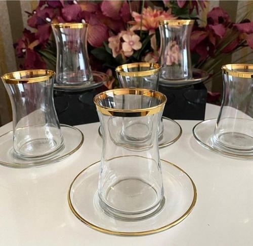 12 Parça Heybeli Gerçek Gold Yaldızlı Çay Bardağı Seti