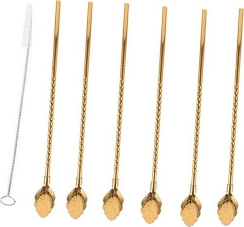 6'lı Paslanmaz Gold Pipetli Latte Kaşığı Kokteyl Kaşığı Ve Temizleme Fırçası, 22 Cm Yaprak Model