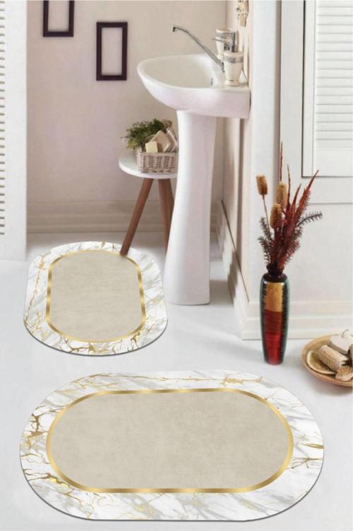 Beyaz-Gold  Kaymaz Taban  Oval Banyo Paspas Takım  BB-105
