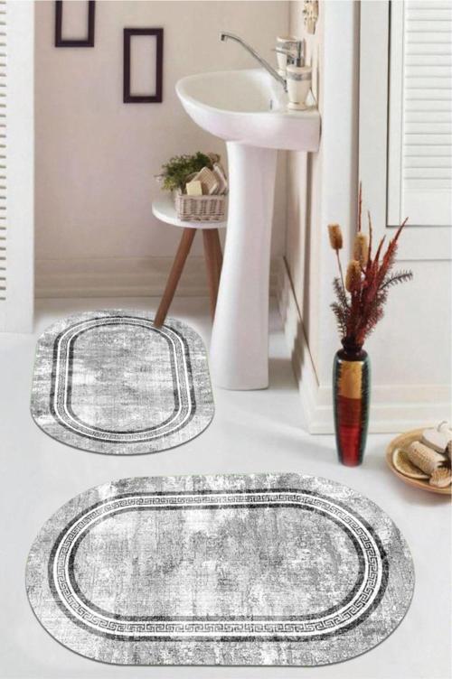 Gri  Kaymaz Taban Versace Oval Banyo Paspas Takım  BB-121