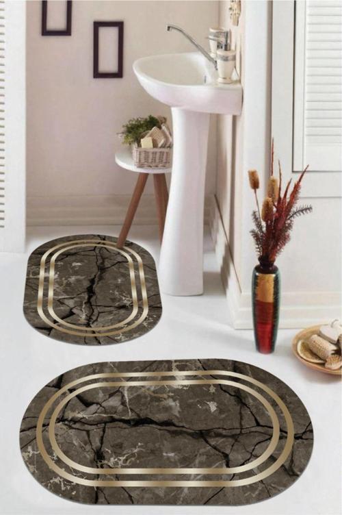 Kahverengi  Kaymaz Taban Çerçeve Oval Banyo Paspas Takım  BB-112