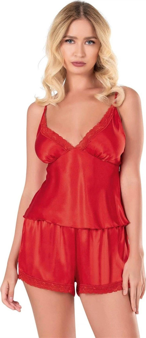 Miss Kırmızı Saten Babydoll Şort Takımı