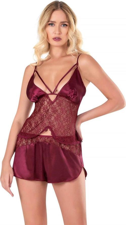 Miss Bordo Saten Babydoll Şort Takımı