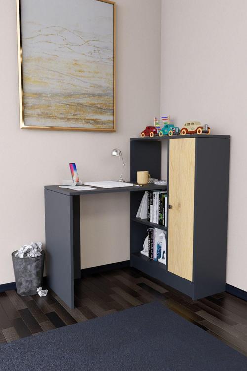 Drithe Modern Dolaplı Kitaplıklı Çalışma Masası Antrasit-Çam