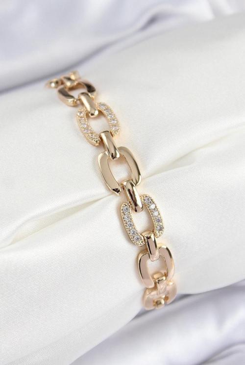 Pirinç Zirkon Taşlı Parçalı Zincir Model Gold Renk Kadın Bileklik - EBJ250726W36803