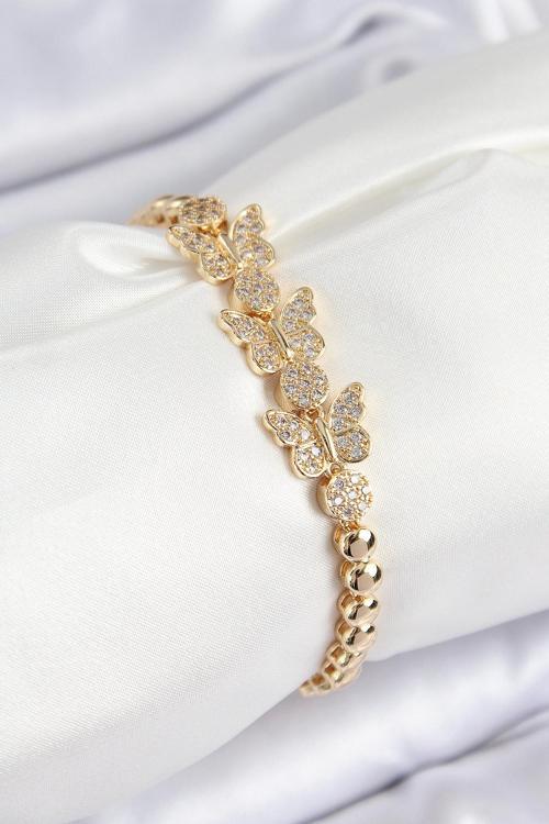 Pirinç Zirkon Taşlı Kelebek Model Gold Renk Kadın Bileklik - EBJ250726W36809