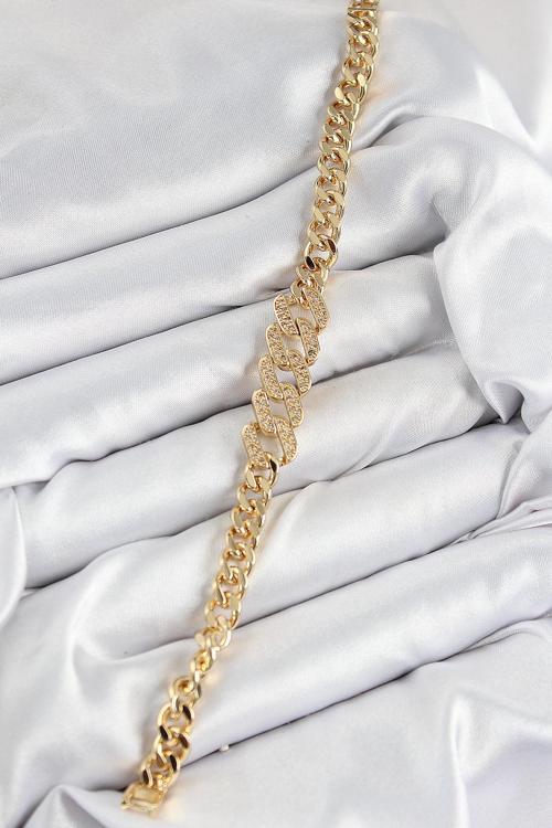 Pirinç Zirkon Taşlı Ezme Küba Zincir Model Gold Renk Kadın Bileklik - EBJ250726W36817