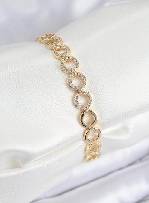 Pirinç Zirkon Taşlı Sıralı Halka Model Gold Renk Kadın Bileklik - EBJ250726W36823