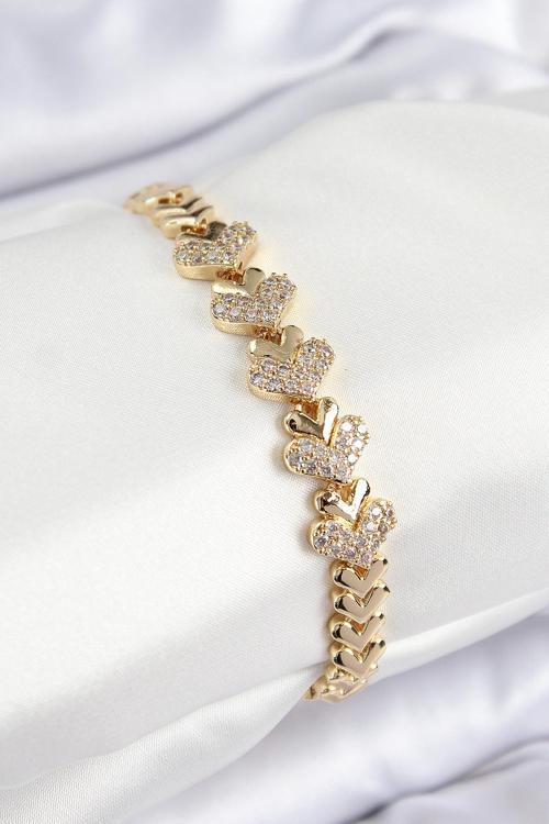Pirinç Zirkon Taşlı Kalp Model Gold Renk Kadın Bileklik - EBJ250726W36830