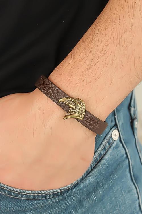 Eskitme Renk Metal Kartal Aksesuarlı Kahverengi Deri Erkek Bileklik - EBJ250726W36855