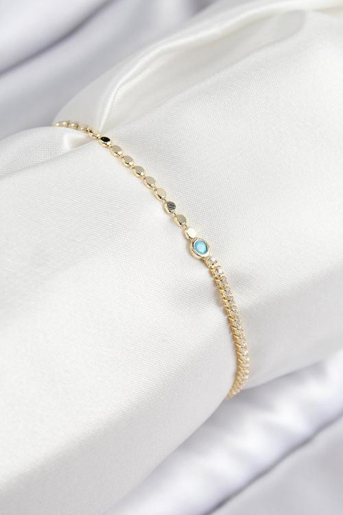 Pirinç Zirkon Taşlı Boncuk Model Ezme Zincir Gold Renk Kadın Bileklik - EBJ250726W36899