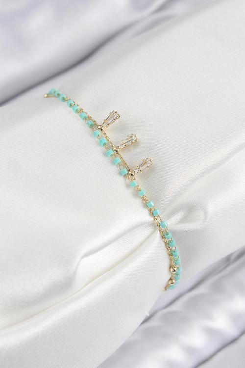 Pirinç Zirkon Taşlı Mavi Boncuklu Model Gold Renk Kadın Bileklik - EBJ250726W36901