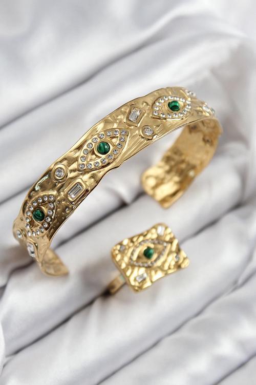 Pirinç Zirkon Taşlı Göz Model Gold Renk Bileklik Yüzük Set - EBJ250726W36910