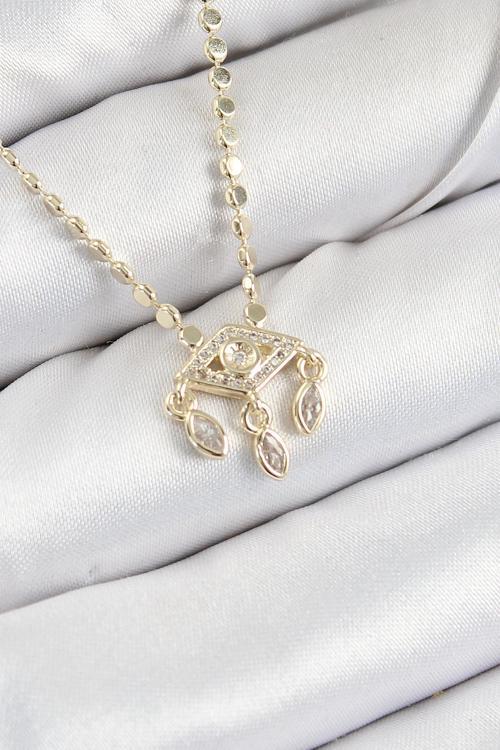 Pirinç Zirkon Taşlı Sallantılı Göz Model Ezme Zincir Gold Renk Kadın Kolye - EBJ250726W36920