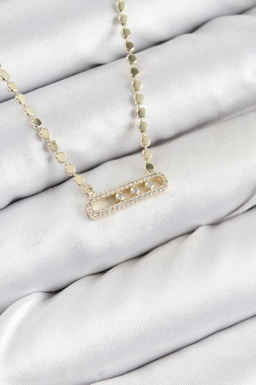 Pirinç Zirkon Taşlı Messika Model Ezme Zincir Gold Renk Kadın Kolye - EBJ250726W36922