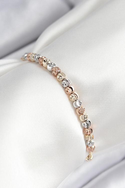Pirinç Sıralı Boncuk Model Gold Gümüş Roz Renk Asansörlü Kadın Bileklik - EBJ250726W36662
