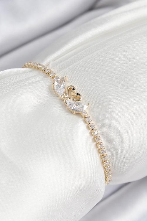 Pirinç Zirkon Taşlı Kuğu Model Gold Renk Asansörlü Kadın Bileklik - EBJ250726W36668