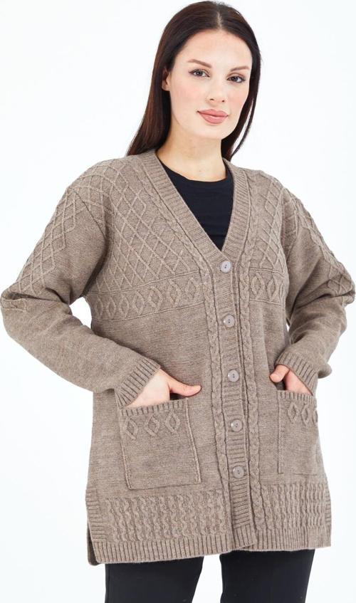 Kadın V Yaka Vizon Düğmeli Cepli Örgü Yün Anne Triko Kısa Hırka