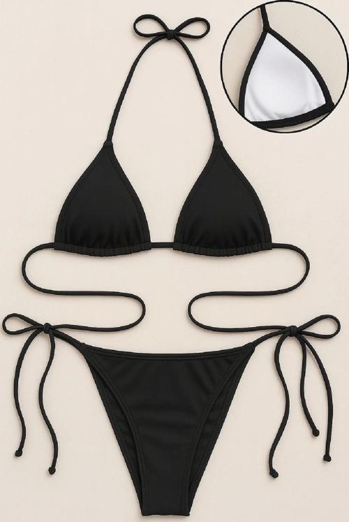 Kadın Siyah Yandan ve Boyundan Bağlamalı Bikini Mayo Takımı