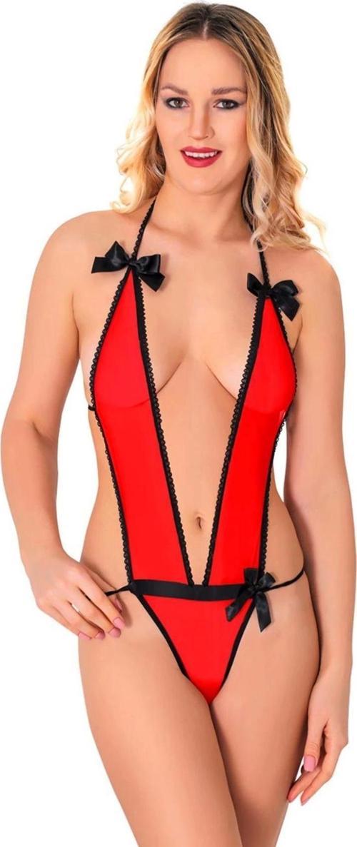 Kırmızı Lcralı Tül Bodysuit - 973