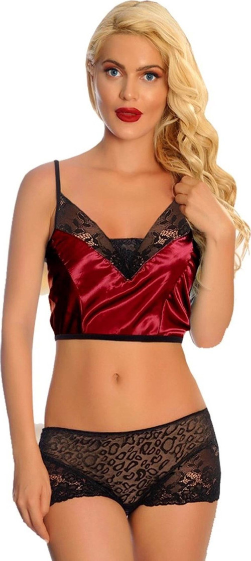 Bordo Saten Dantelli Babydoll Şortlu Takım - 288