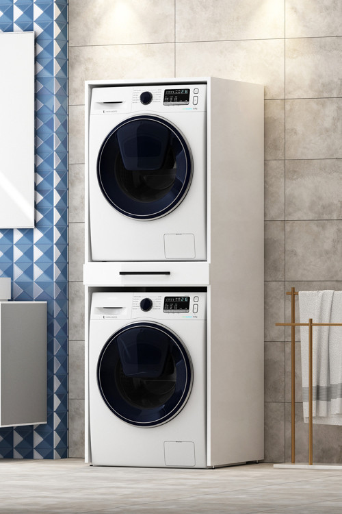 Alder Banyo Dolabı Çekmeceli Çamaşır Kurutma Makinesi Dolabı Beyaz